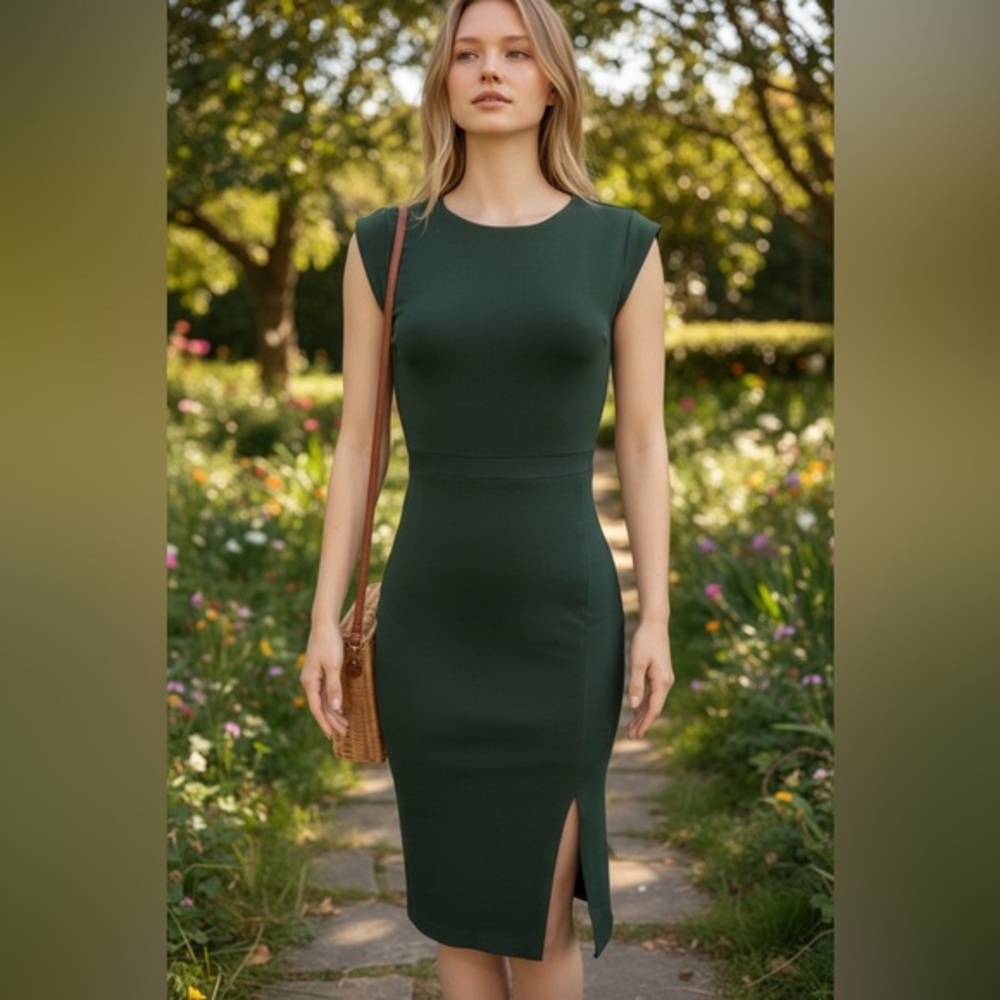 Babaton Aritiza Dark Green Bodycon Sheath Dress Front Slit Size Small